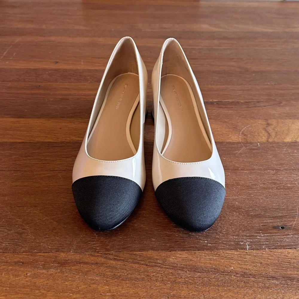 Stuart Weitzman Gabby 45 Block Heel Pump 8 White Black Leather New in Box